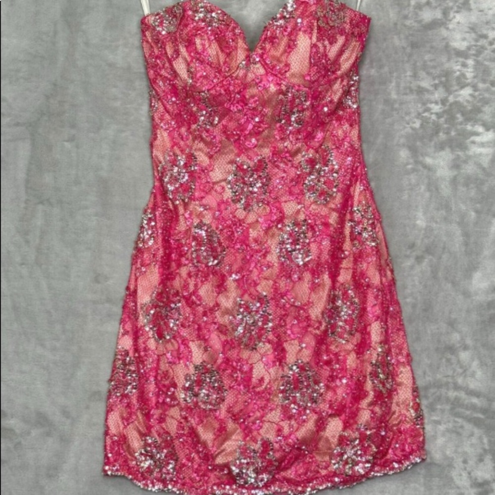 Sherri Hill Dress Womens 0 Pink Lace Silver Sequi